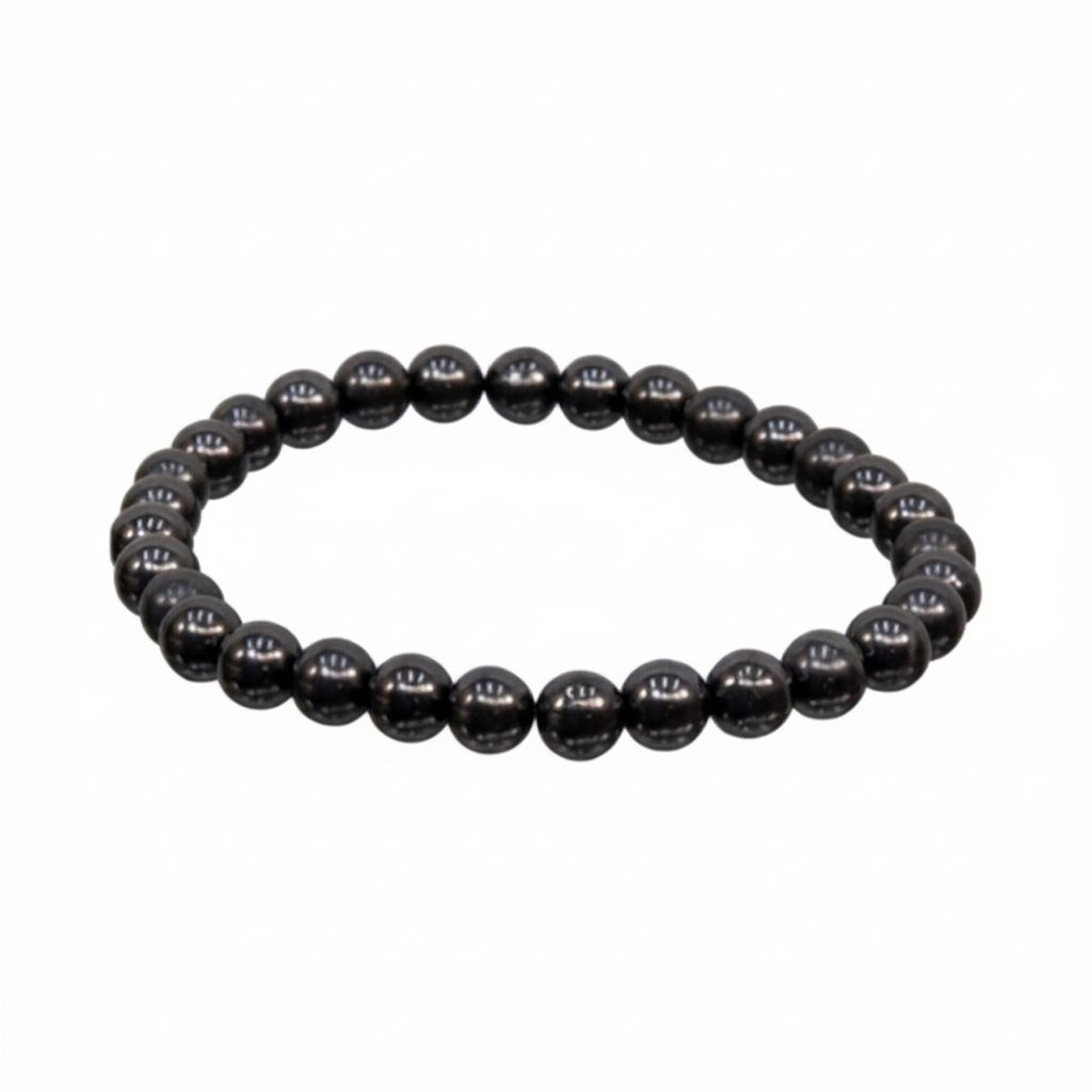 Shungite 8mm stretch bracelet with deep black natural stone beads on a white background