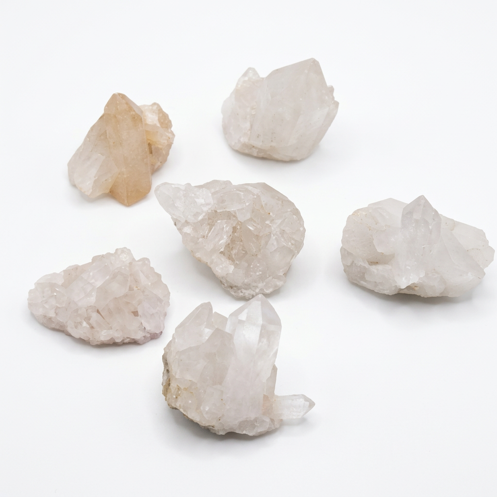 Six large Clear Quartz crystal clusters on a white background