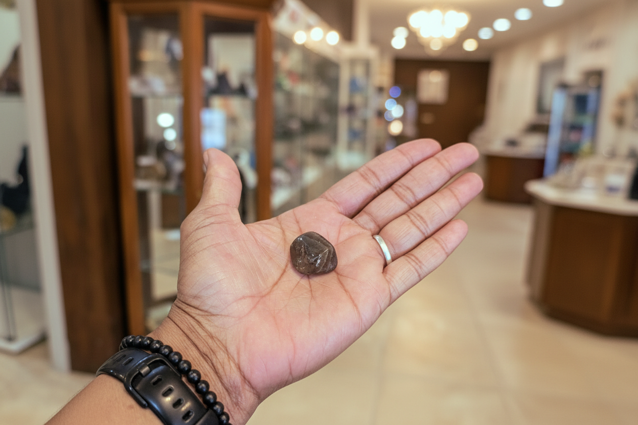 Smoky Quartz tumbled stone held in a hand to show its natural size and smoky-brown color