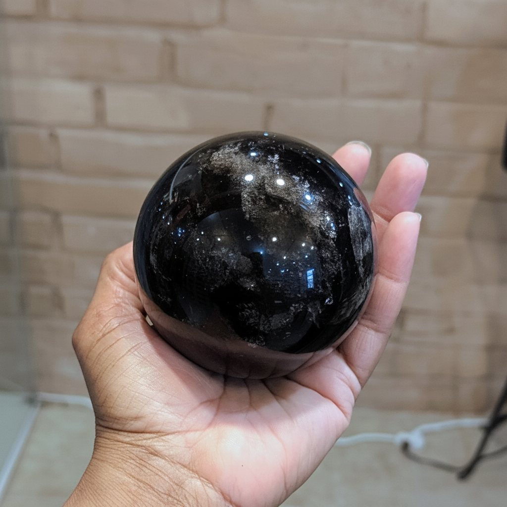 Polished Smoky Quartz sphere, approximately 2.7–3 inches held in hand to show approximate scale