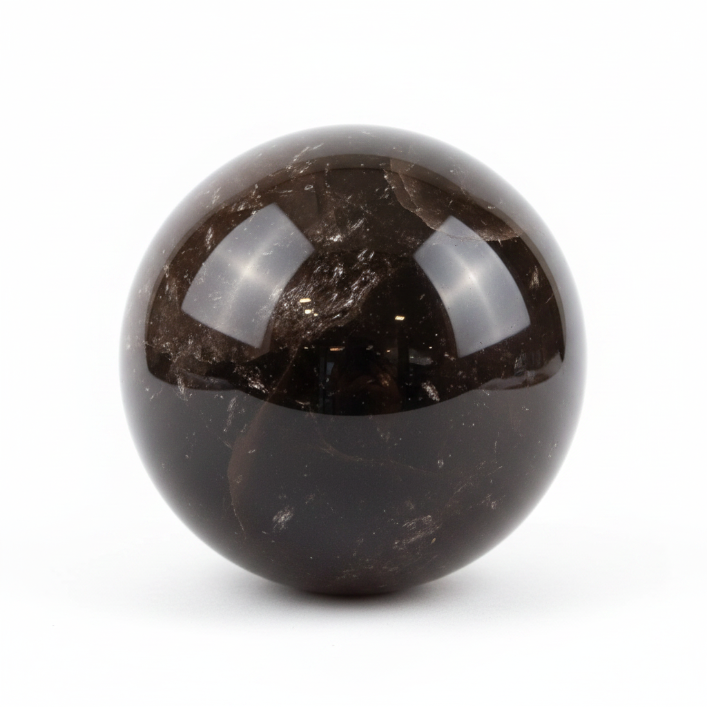 Polished Smoky Quartz sphere, approximately 2.7–3 inches on a clean light background