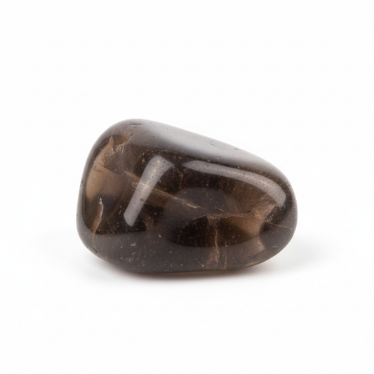 Dark Madagascar Smoky Quartz tumbled stones on a white background