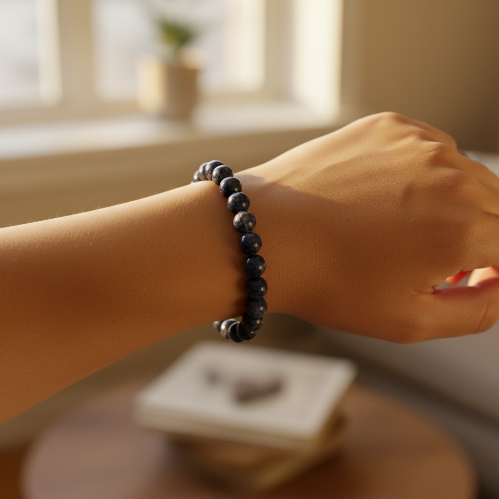 Lifestyle view of a Sodalite 8mm bead bracelet worn on the wrist