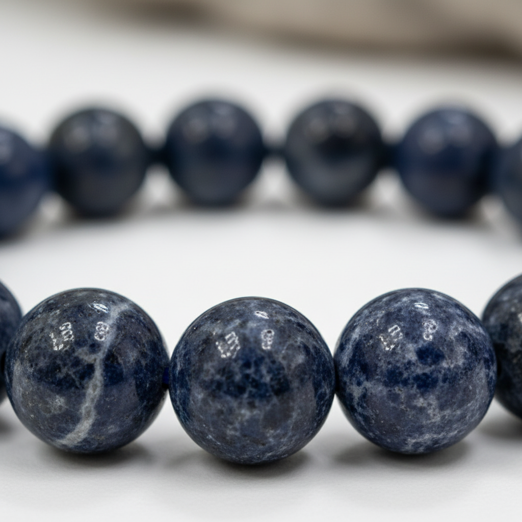 Close-up view of blue Sodalite 8mm beads with natural white markings and polished texture