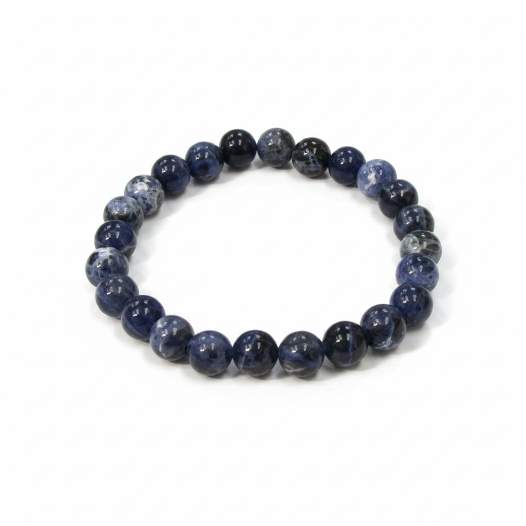 Sodalite 8mm stretch bracelet with deep blue and white natural stone beads on a white background