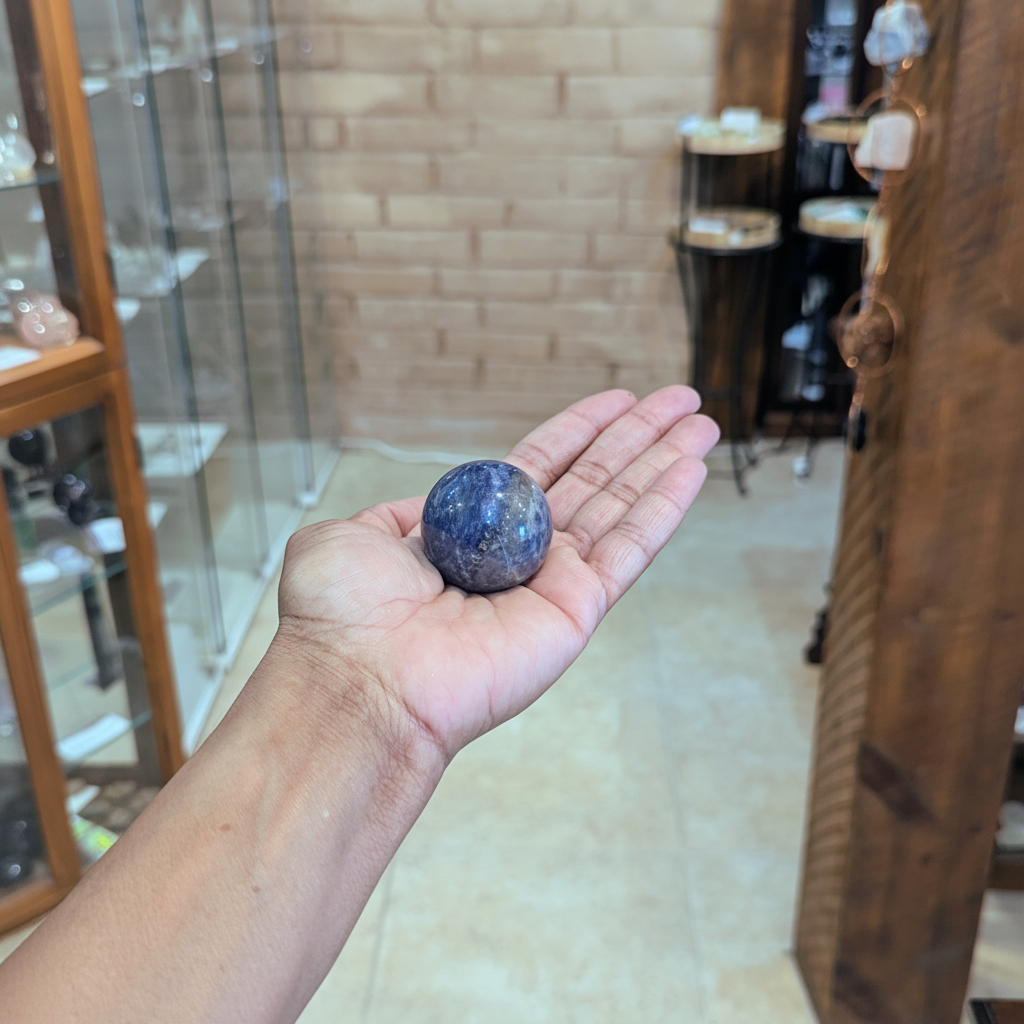 Polished 40mm Sodalite sphere held in hand to show approximate scale