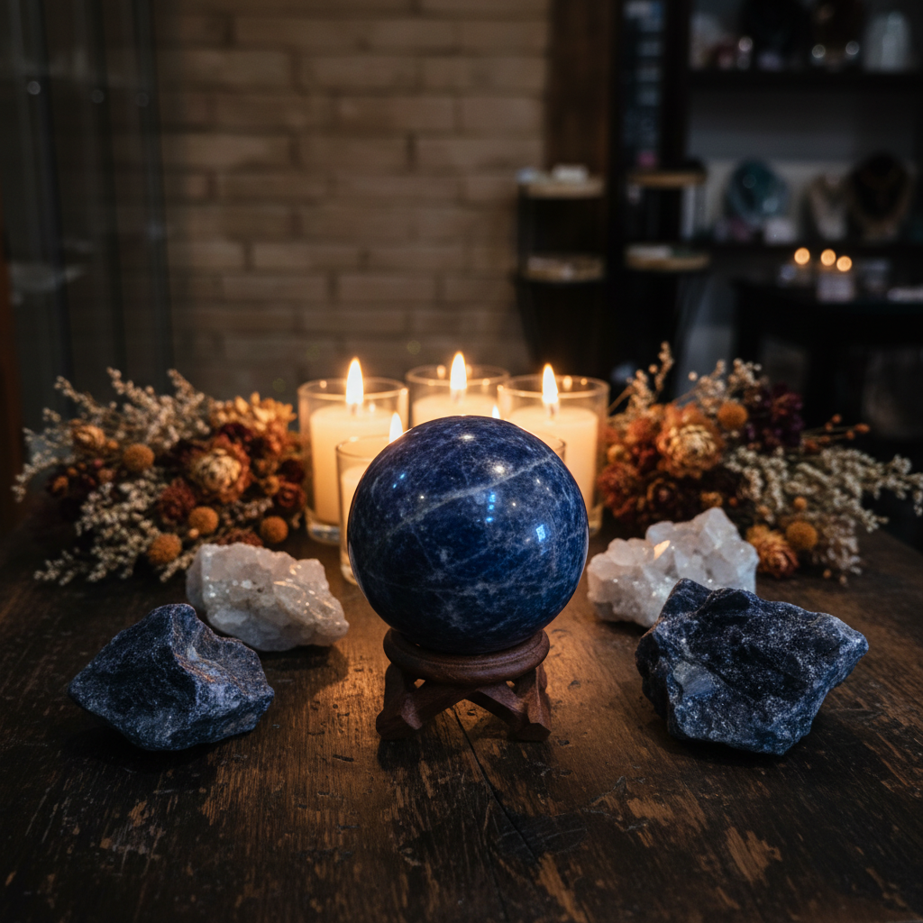 Polished 40mm Sodalite sphere displayed in a calm styled setting