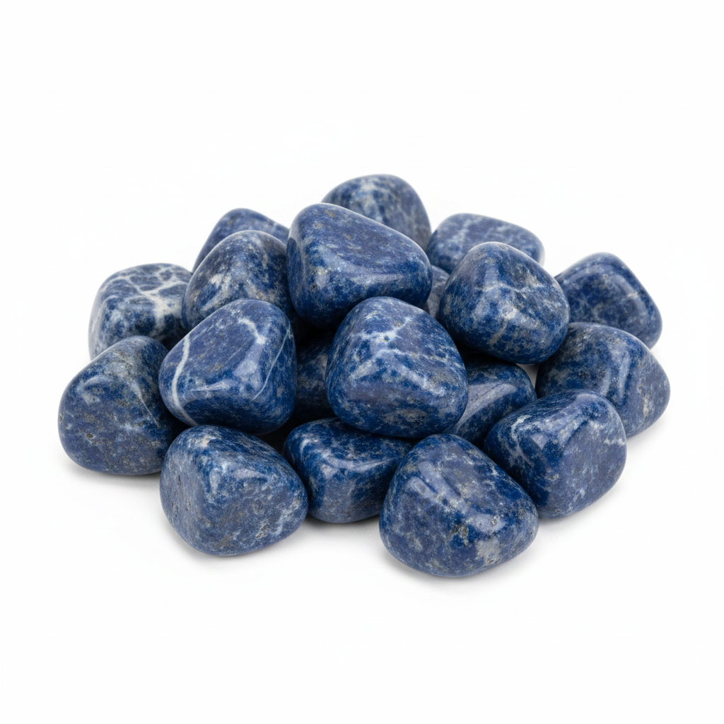 Sodalite Tumbled Stones shown clearly on a clean white background, highlighting its color, shape, and natural variation.