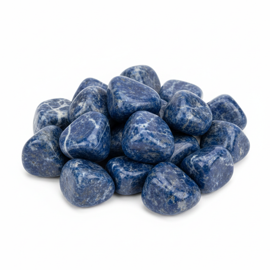 Sodalite Tumbled Stones shown clearly on a clean white background, highlighting its color, shape, and natural variation.