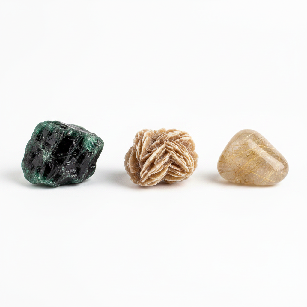 Emerald, Desert Rose Selenite, and Rutilated Quartz Taurus Zodiac Set on a white background.