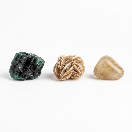 Emerald, Desert Rose Selenite, and Rutilated Quartz Taurus Zodiac Set on a white background.