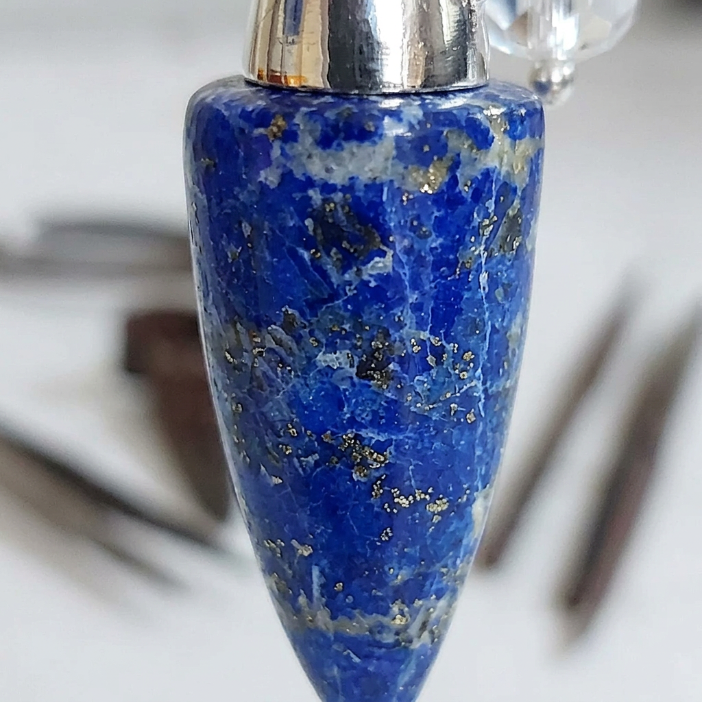 Close-up of the Lapis Lazuli pendulum stone showing blue mineral markings