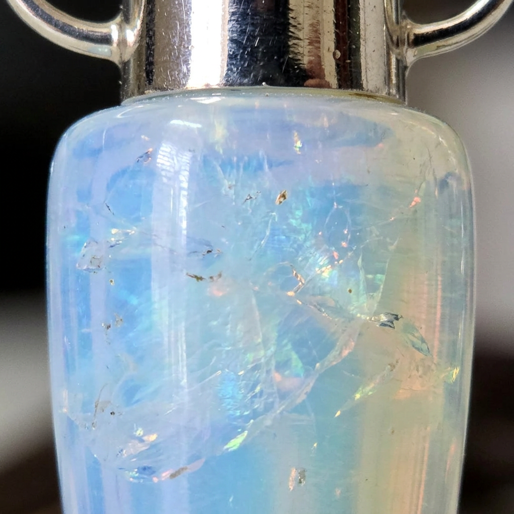 Close-up of the Opalite pendulum point showing its opalescent glow