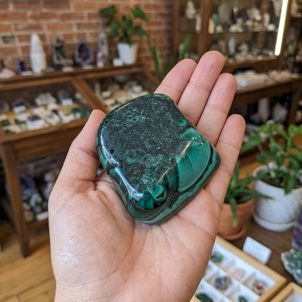 Small upright Malachite freeform supported in an open hand for scale