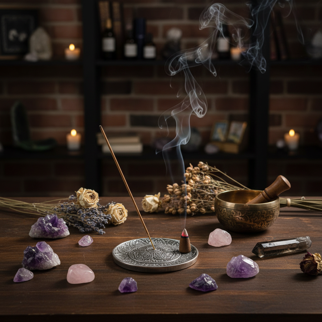 Tibetan-style metal holder displayed with incense sticks and cones