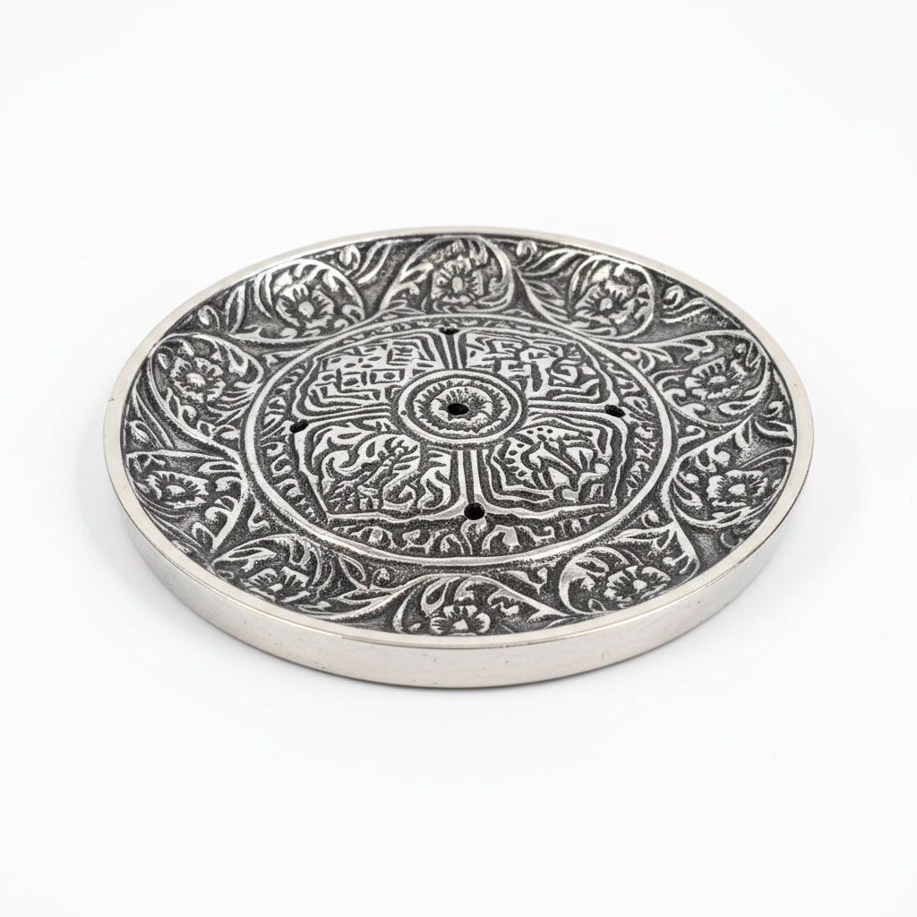 Round Tibetan-style metal incense burner with antique finish