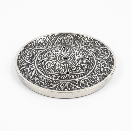 Round Tibetan-style metal incense burner with antique finish