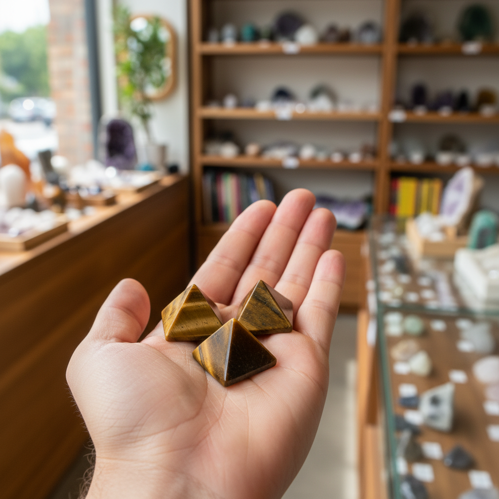 Tiger’s Eye Pyramid displayed in a calm lifestyle setting