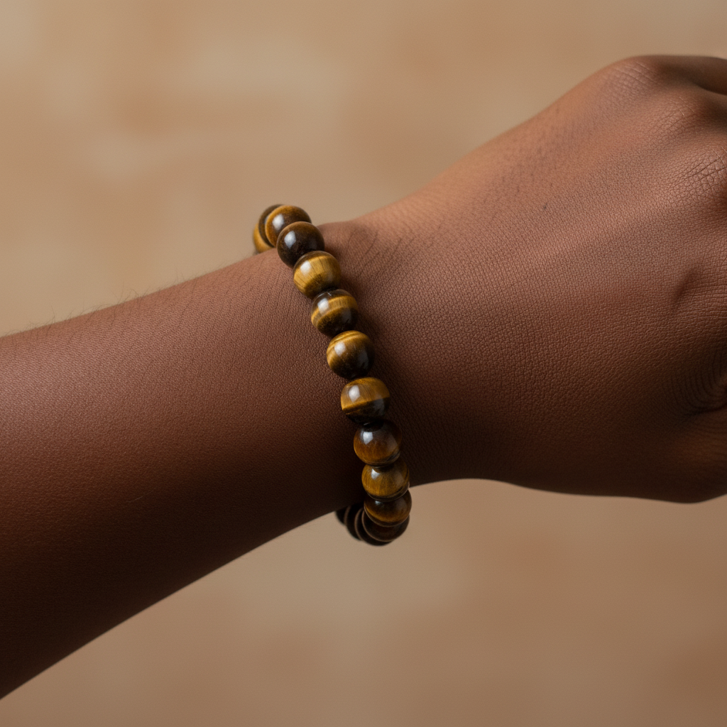 Large Tiger’s Eye 8.5-inch bracelet shown in a lifestyle setting