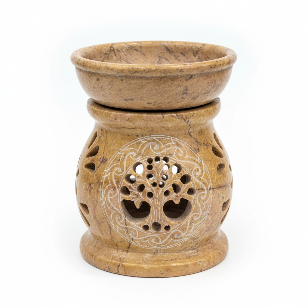 Back view of the natural soapstone Tree of Life aroma oil burner