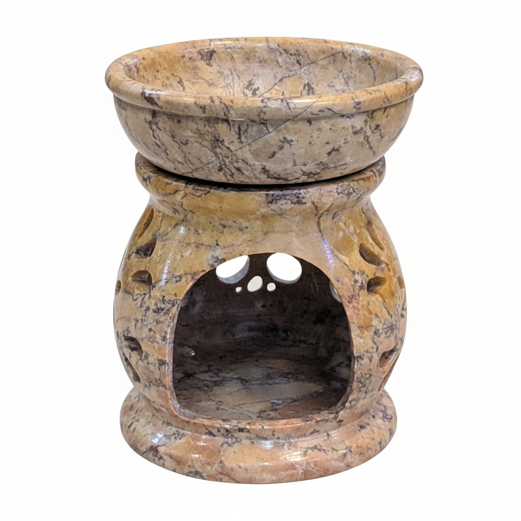 Carved Tree of Life soapstone aroma oil burner viewed from the front