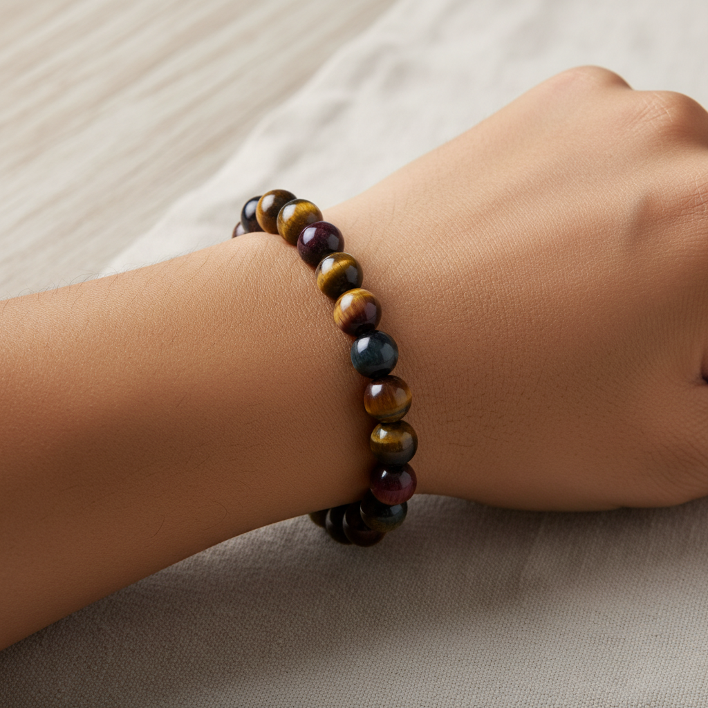 Tri-Color Tiger Eye 8mm bracelet shown in a warm lifestyle setting