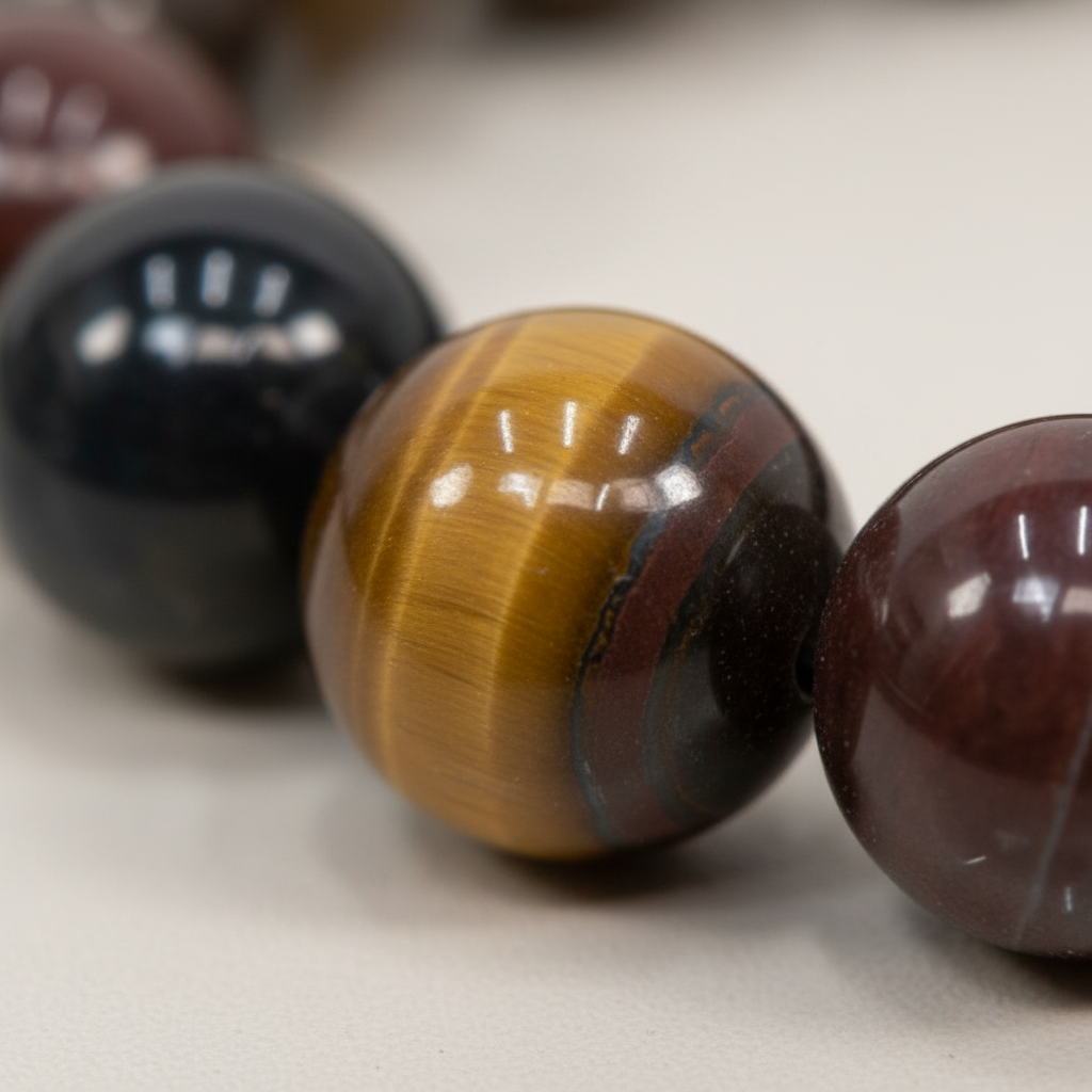 Close-up of golden, red, and blue Tiger Eye beads showing natural banding and chatoyancy