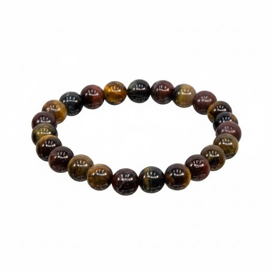 Tri-Color Tiger Eye 8mm beaded stretch bracelet on a white background