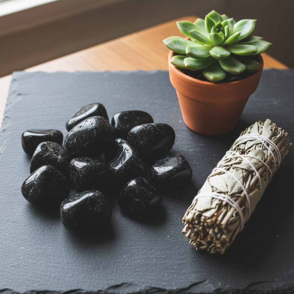 A styled arrangement on a dark slate board featuring smooth black tourmaline stones, a small potted green succulent in a terracotta pot, and a bundled white sage smudge stick.