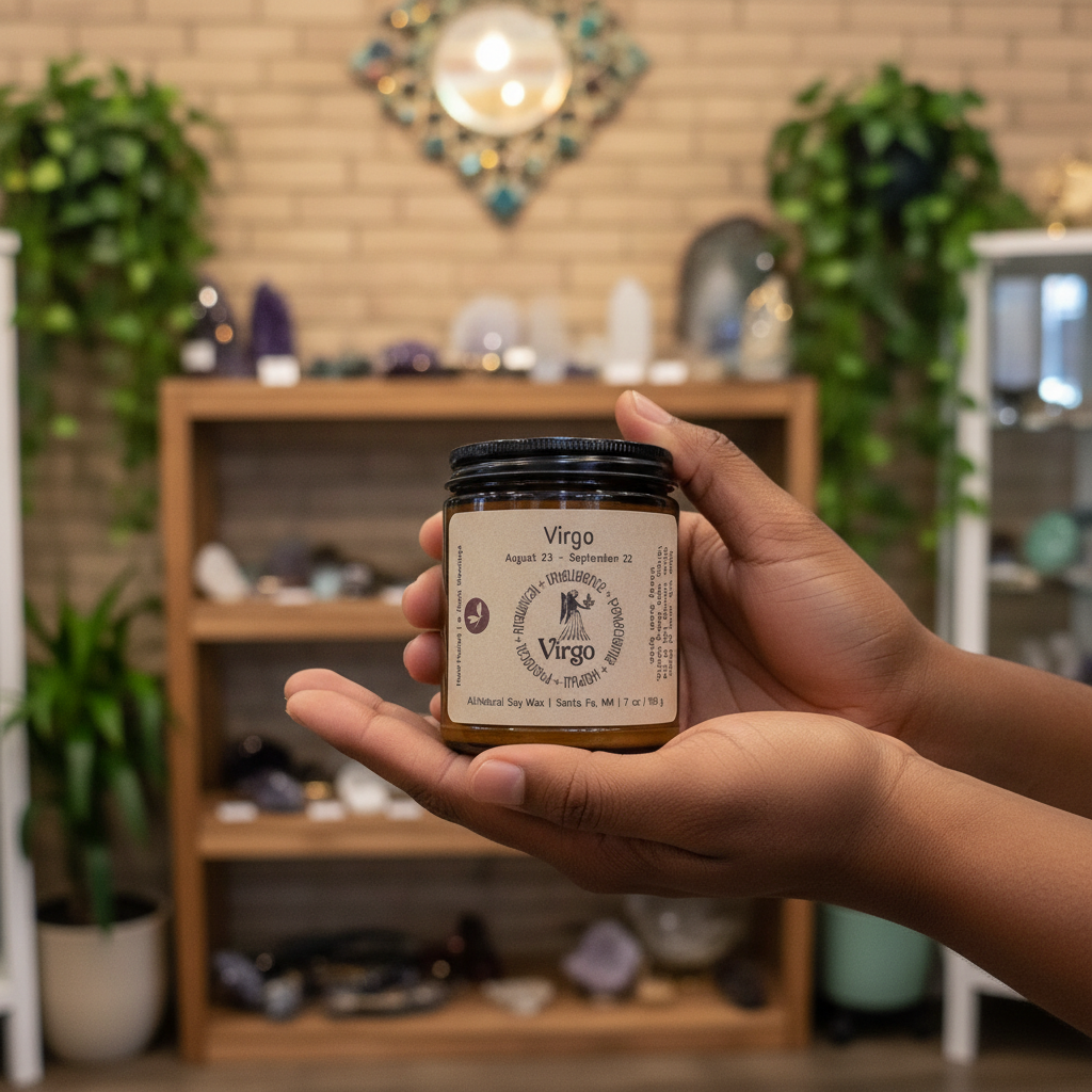 Lit Virgo Zodiac Candle styled in a calm lifestyle setting