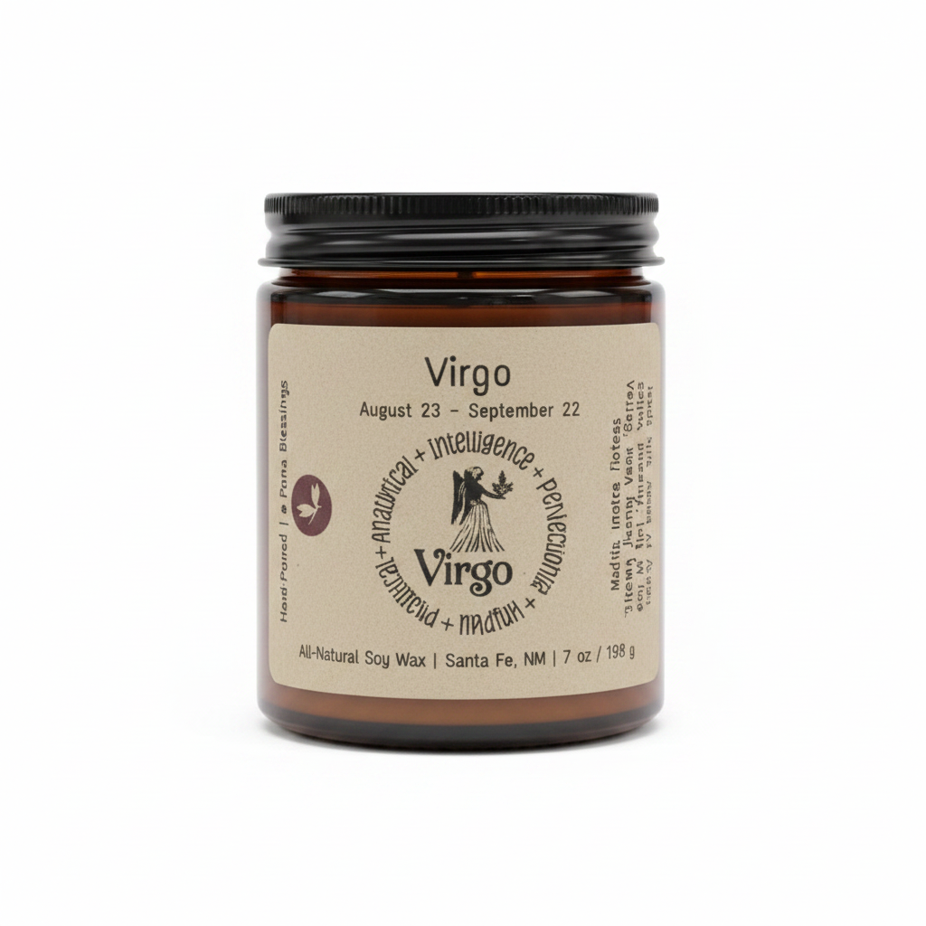 Virgo Zodiac Candle in an amber 8 oz jar on a white background