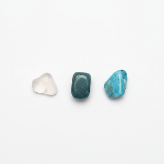 Clear Quartz, Green Aventurine, and Amazonite Virgo Zodiac Set on a white background.
