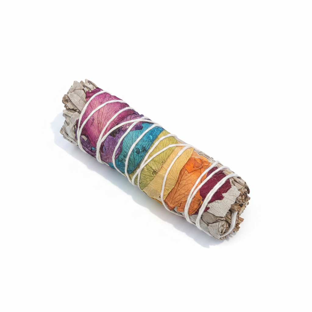 7 Chakra White Sage bundle with colorful chakra botanicals on a white background