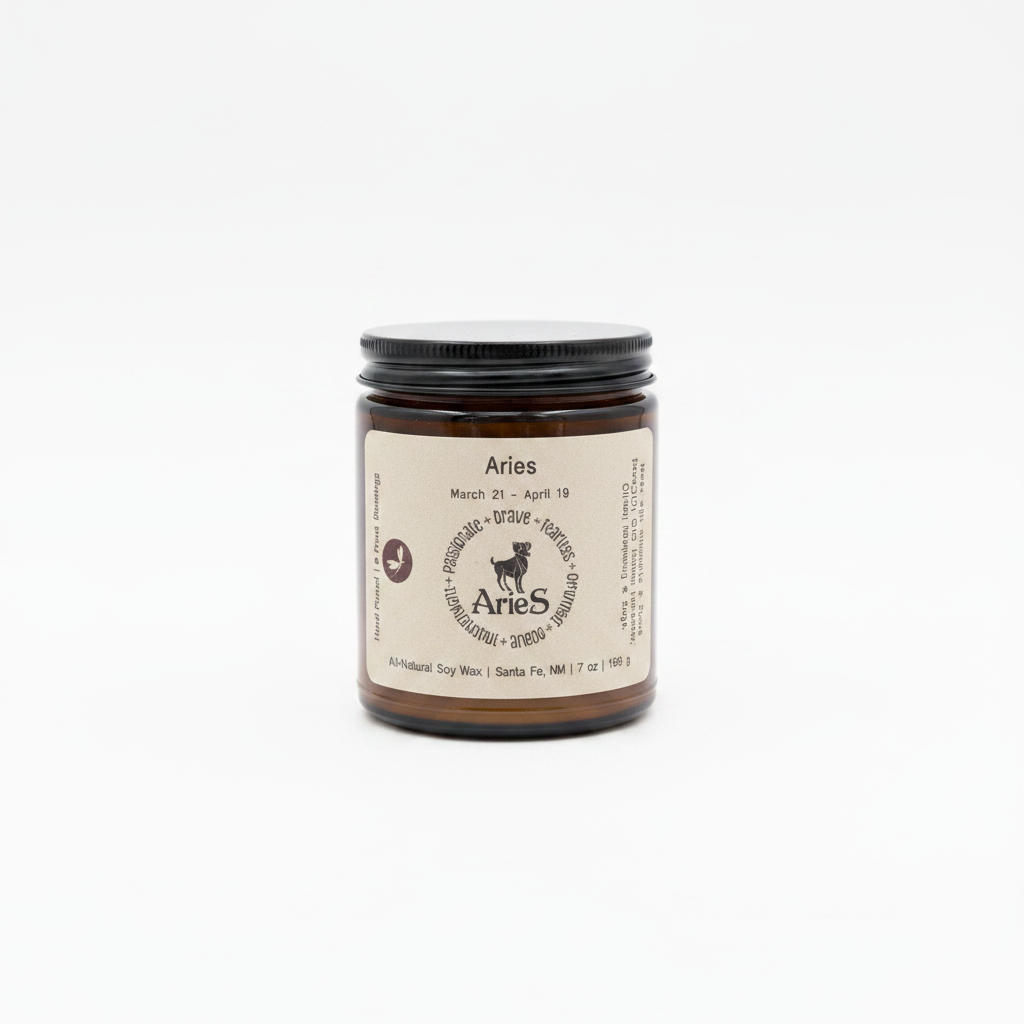 Aries Zodiac Candle in an amber 8 oz jar on a white background
