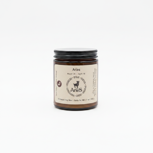 Aries Zodiac Candle in an amber 8 oz jar on a white background