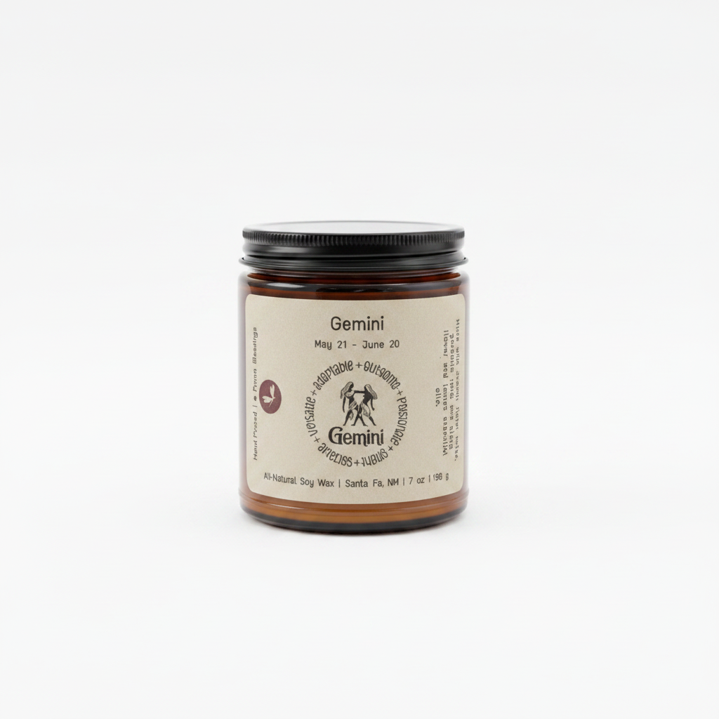 Gemini Zodiac Candle in an amber 8 oz jar on a white background