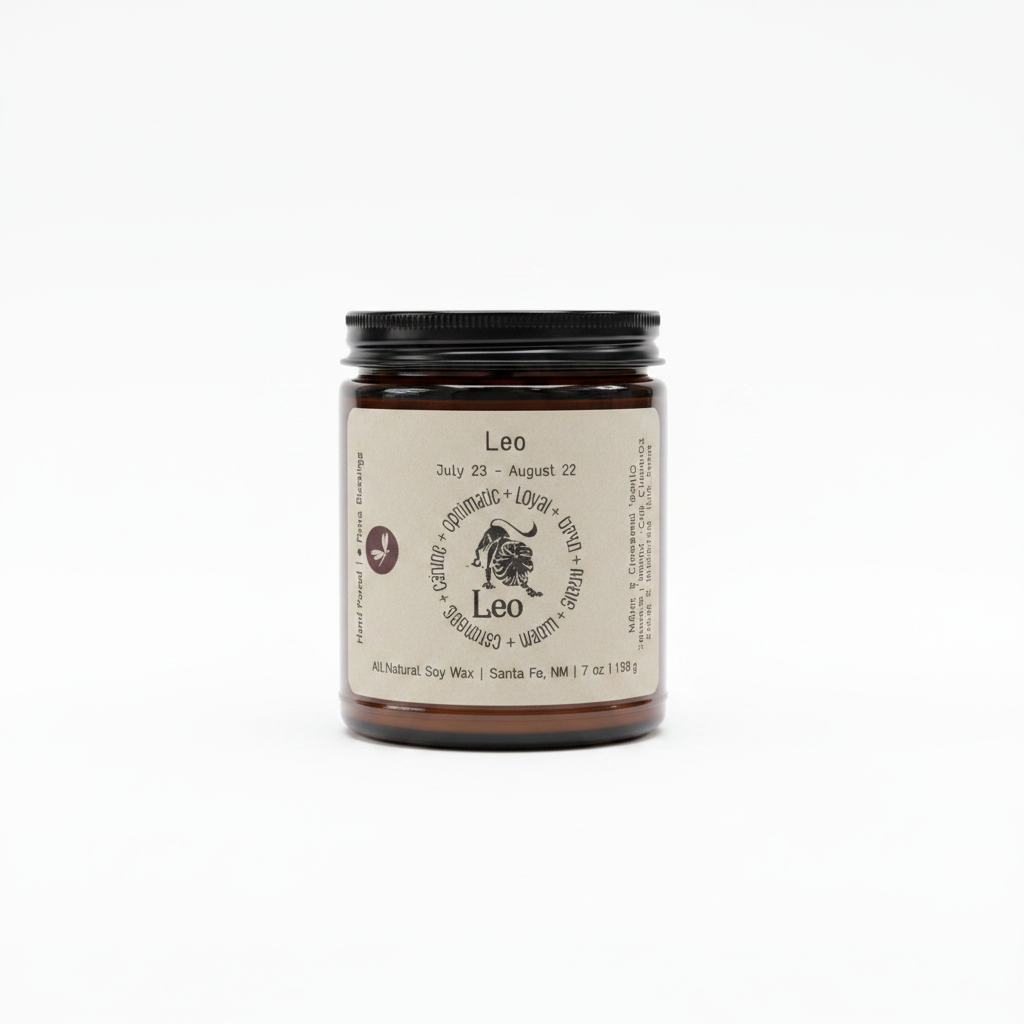 Leo Zodiac Candle in an amber 8 oz jar on a white background