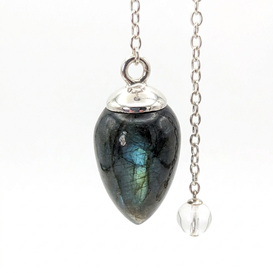 Small Labradorite Spectrolite pendulum with chain on a white background