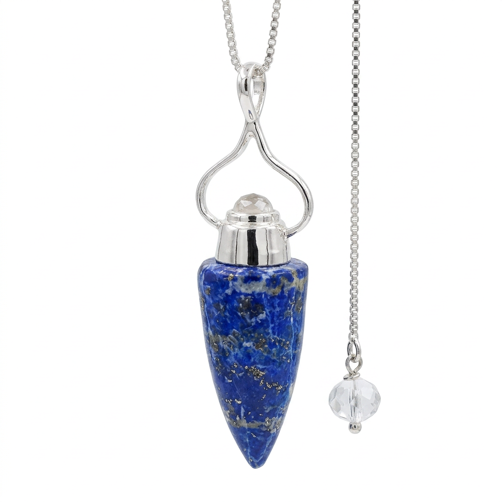 Lapis Lazuli and Moonstone sterling silver pendulum on a white background