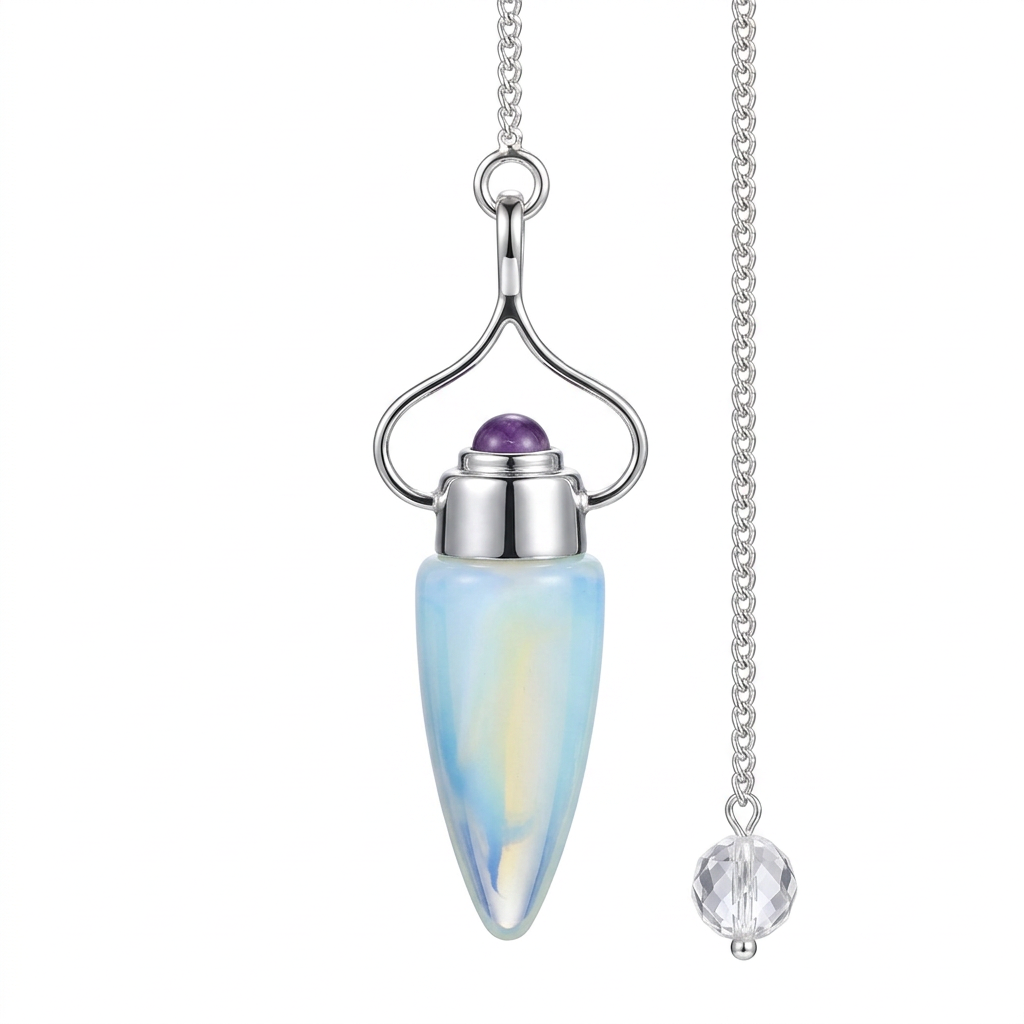 Opalite and Amethyst sterling silver pendulum on a white background