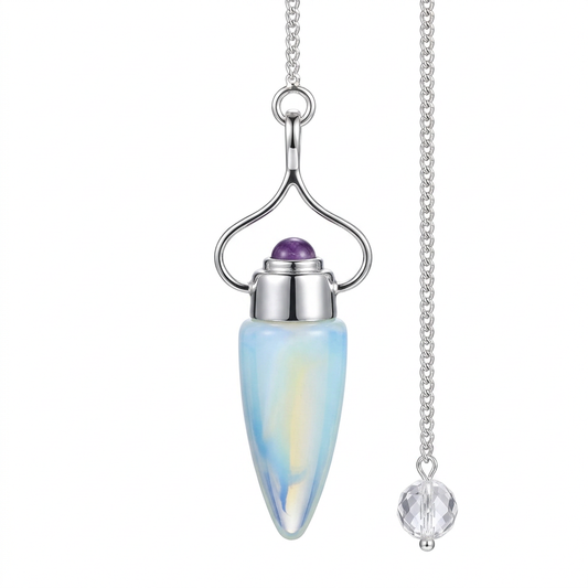Opalite and Amethyst sterling silver pendulum on a white background