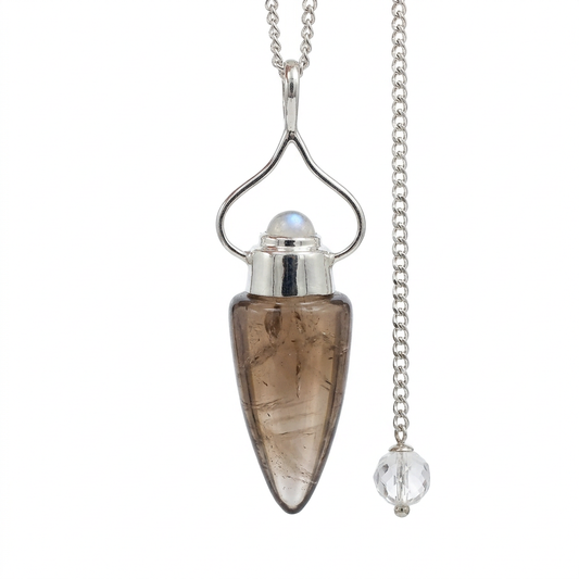 Smoky Quartz pendulum in sterling silver on a white background