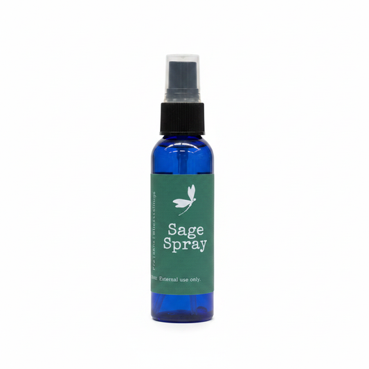 Sage aromatic spray in a 2-ounce cobalt blue bottle on a white background