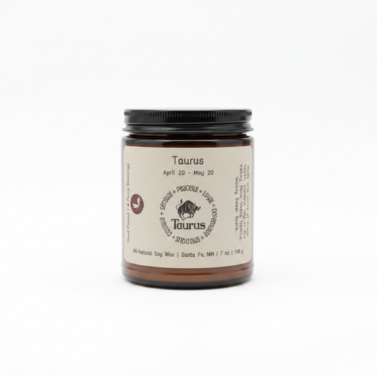 Taurus Zodiac Candle in an amber 8 oz jar on a white background