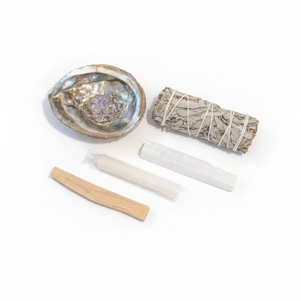 White Sage cleansing kit with shell, Selenite, candle, and Palo Santo on a white background