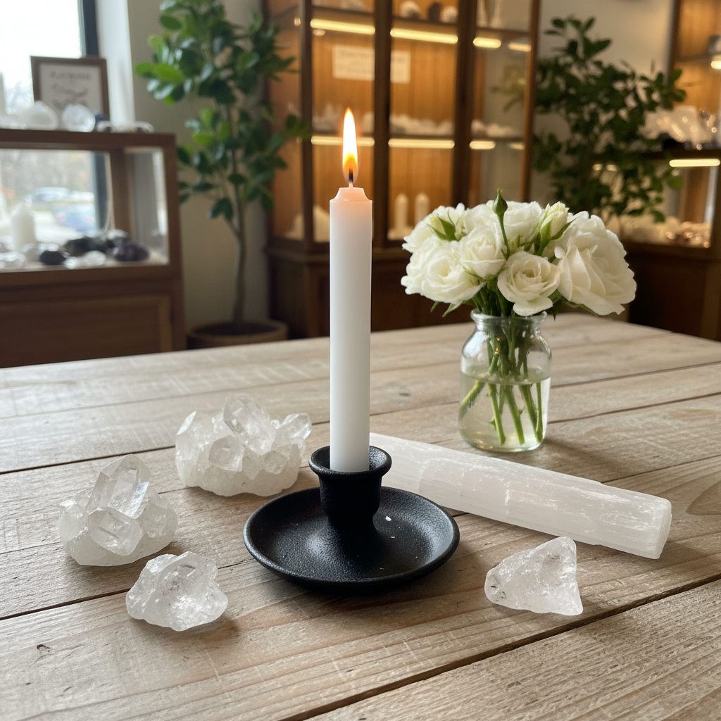 White 4-inch ritual chime candle displayed in a black cast iron holder
