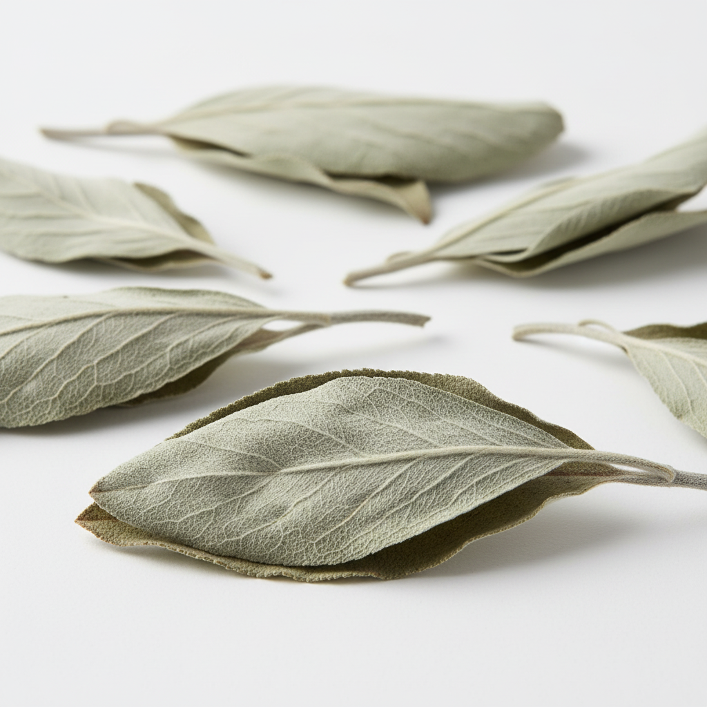 Wild-crafted White Sage whole-leaf sprigs on a white background