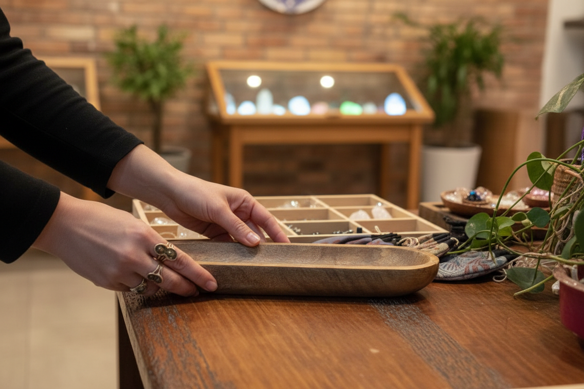 Wood boat incense burner displayed with an incense stick inside