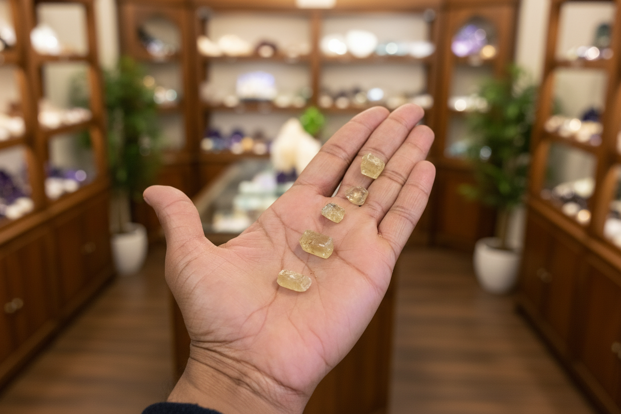 Yellow Apatite held in hand to show approximate scale