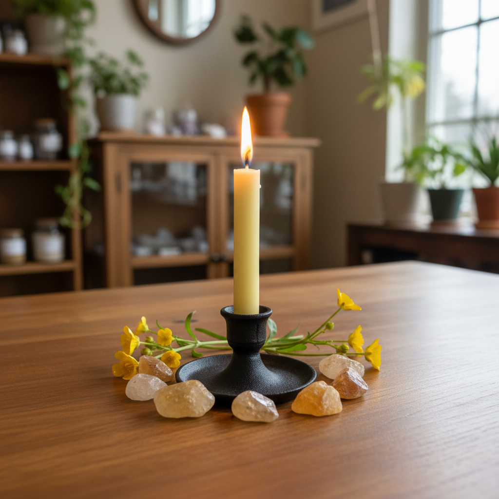 Yellow 4-inch ritual chime candle displayed in a black cast iron holder